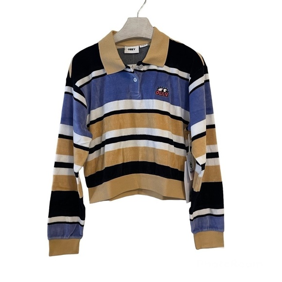 Obey Polo Shirt Velour Long Sleeves Striped Small Embroidered Cropped NWT - Picture 16 of 17